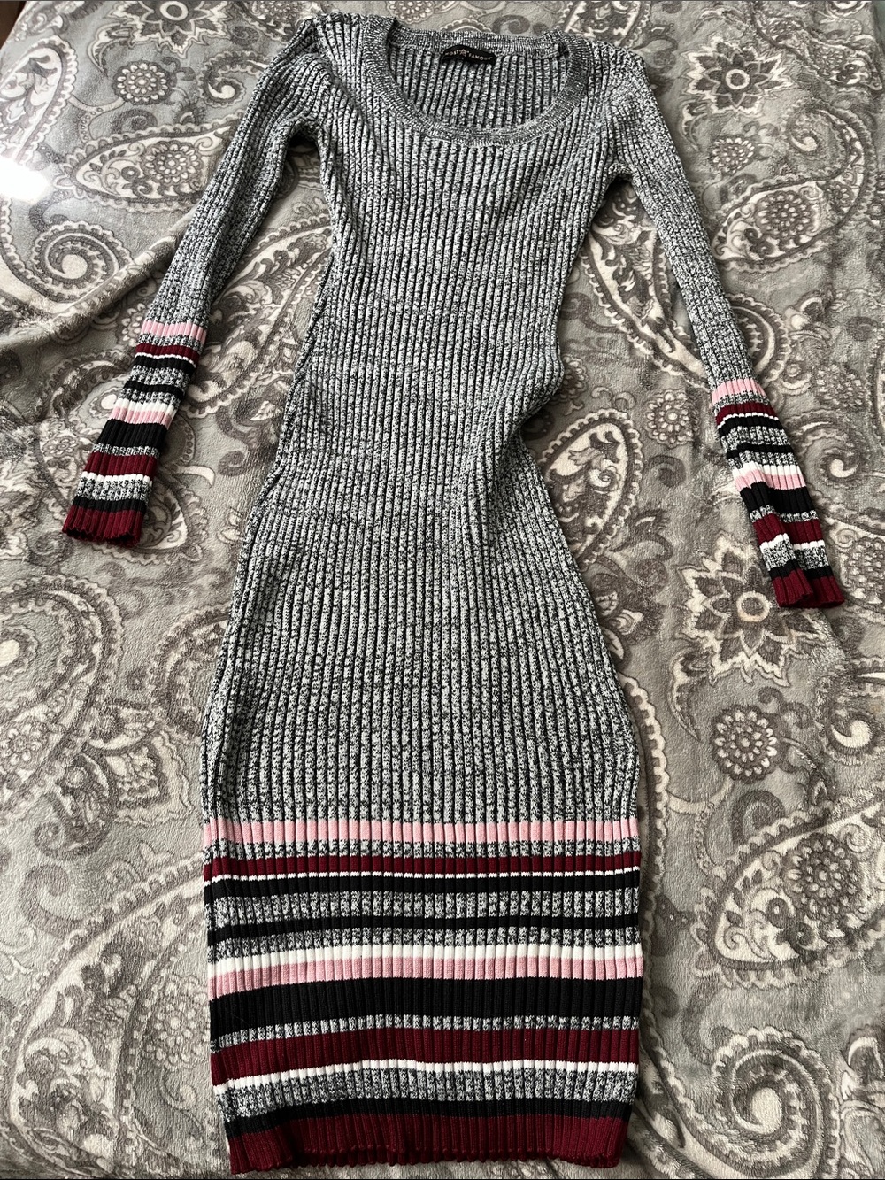 Almost Famous Gray Ribbed Long Sleeve Midi Dress with Pink & Burgundy Stripes